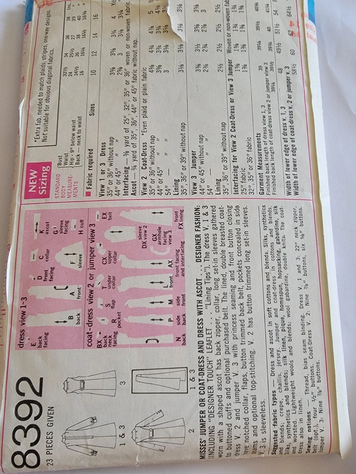 60s SIMPLICITY 8392 MISSES JUMPER OR COAT DRESS & DRESS PATTERN-UNCUT-14/36 - Image 2 of 2