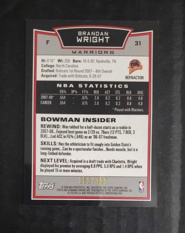   2008 Topps Bowman Chrome #31 Brandan Wright Serial # 353/499 - Image 2 of 2
