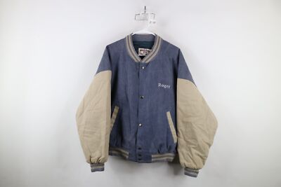 Vtg 90s Streetwear Mens Large Faded Construction Crane Varsity Bomber Jacket USA