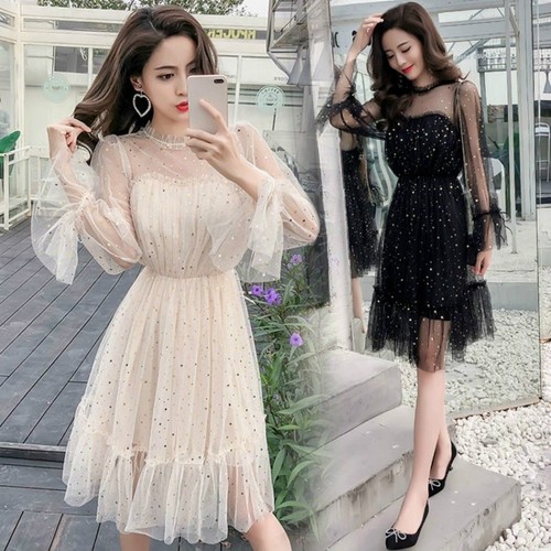 Women Hollow Out Dress Star Sequins 