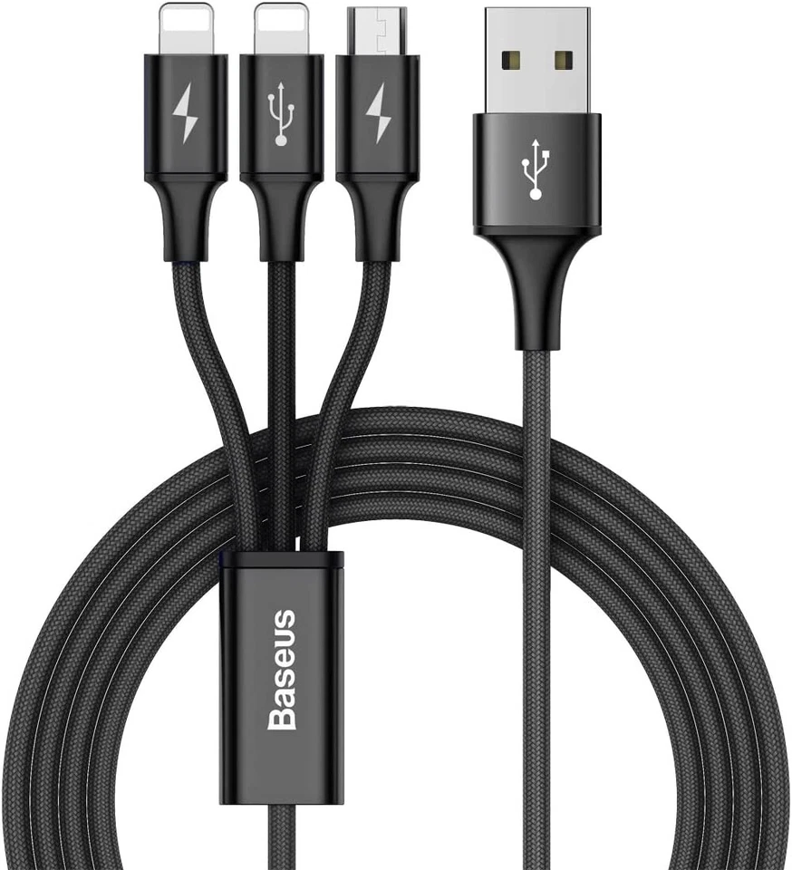 BASEUS Rapid Series 3-in-1 Cable USB-A  to (Micro, Type-C + iPhone) Black - 1.2m - Image 2 of 3