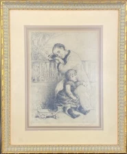 Marcellin Desboutin (French 1823-1902) Mother & Child Etching Print Ornate Frame