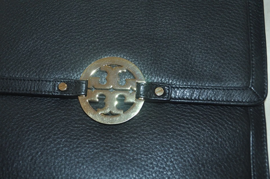 $195 Tory Burch AMANDA Angelux E-Table Sleeve Pouch Black Leather Logo 8.5x10.5 - Image 2 of 4