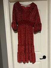 Max Studio Red Floral Dress Size M Elastic Waist Ruffle Details