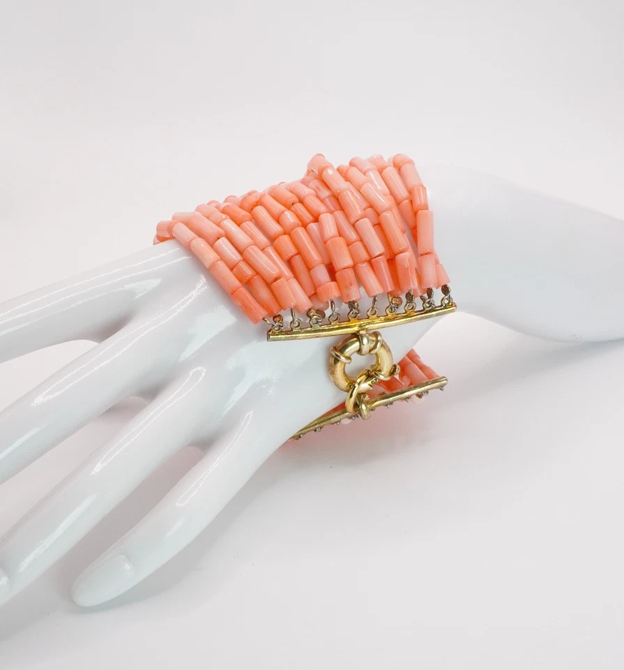 Bracciale corallo rosa multi filo argento 925 vintage - Immagine 3 di 3