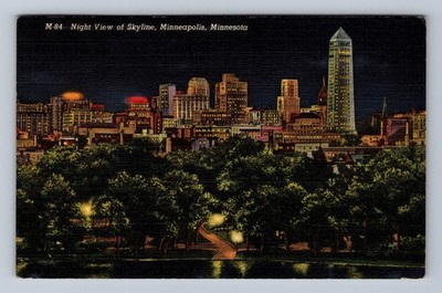 Minneapolis MN-Minnesota Night View Of Skyline Vintage Postcard