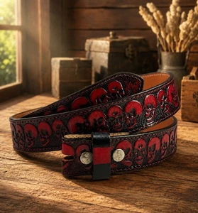 Biker belt, Skull Tooled Brown Leather belt, FULL GRAIN HANDMADE Western Belt