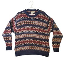 Vintage Eddie Bauer Mens Large Fair Isle Cotton Chunky Knit Sweater Nordic Heavy