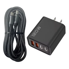 120W 4-Port USB-C Fast Charger US Plug + 100W USB-C Cable 2m PD QC3.0 Set