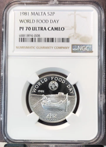 1981 MALTA SILVER 2 POUNDS WORLD FOOD DAY NGC PF 70 ULTRA CAMEO RARE POP 1