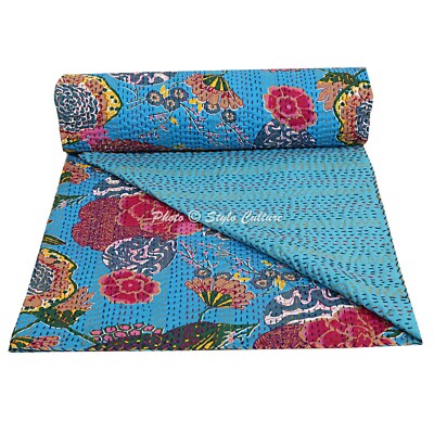 Blau Bettläufer Kantha Quilt Ethno Ralli Gudari Einzeltagesdecken Überwurf