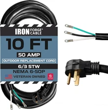 NEMA EV Extension Cord 10 Ft with Open End, 50 Amp Power Cord with Eyelet 3 Wire
