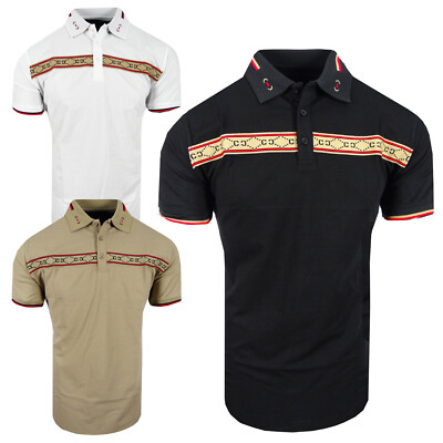 Polo Shirt Mens Italian Designer Logo Body Stripe Slim Fit Stretch Casual Golf