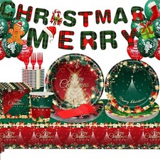 Juego de vajilla desechable árbol de Navidad rojo verde (platos, tazas, servilletas, tenedores)