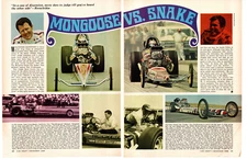 1968 TOM McEWEN (MONGOOSE) VS DON PRUDHOMME (SNAKE) ~ ORIGINAL 2-PG ARTICLE / AD