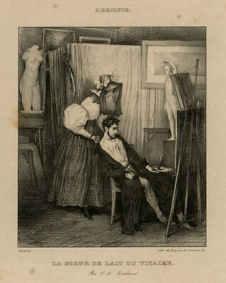 Antiker Meisterdruck - Ein Maler in seinem Atelier mit einer Frau - Gavarni - ca. 1835