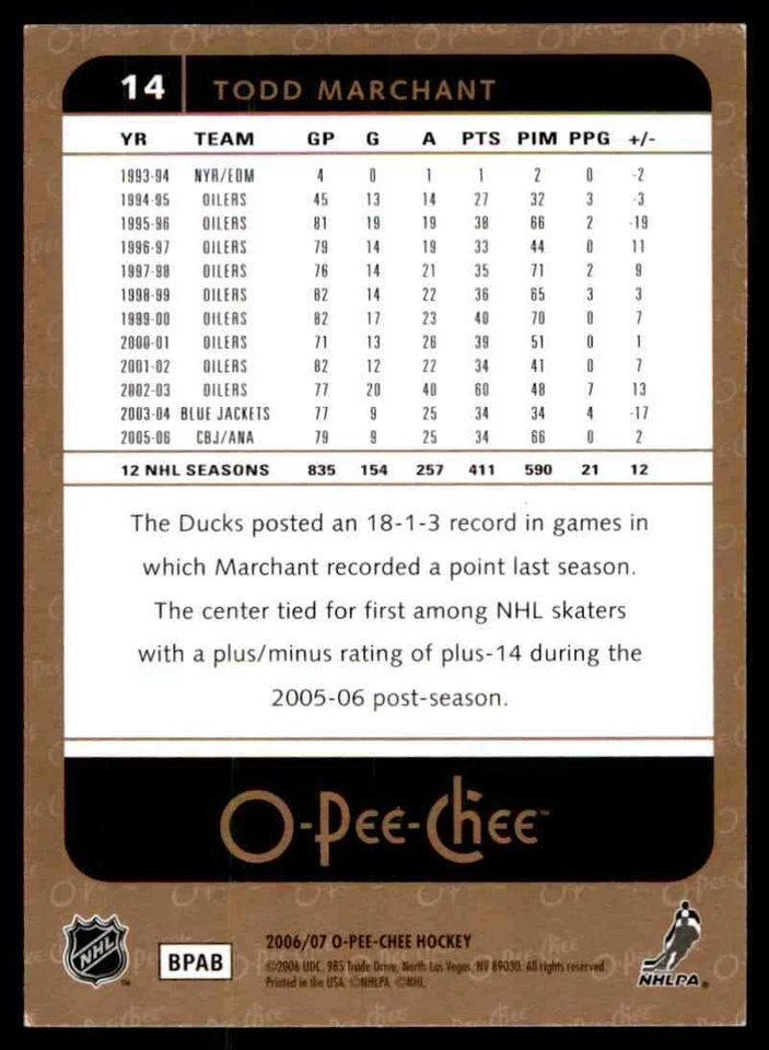 2006-07 O-Pee-Chee Todd Marchant #14 - Image 2 of 2