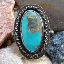 Vintage Navajo Turquoise Ring Size 6.25 Notched Edge Raindrops Sterling Silver