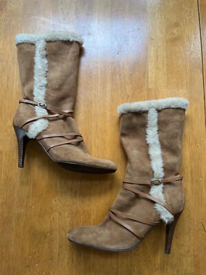 Nine West Sherpa Suede Heeled Boots Straps Buckle Side Zipper