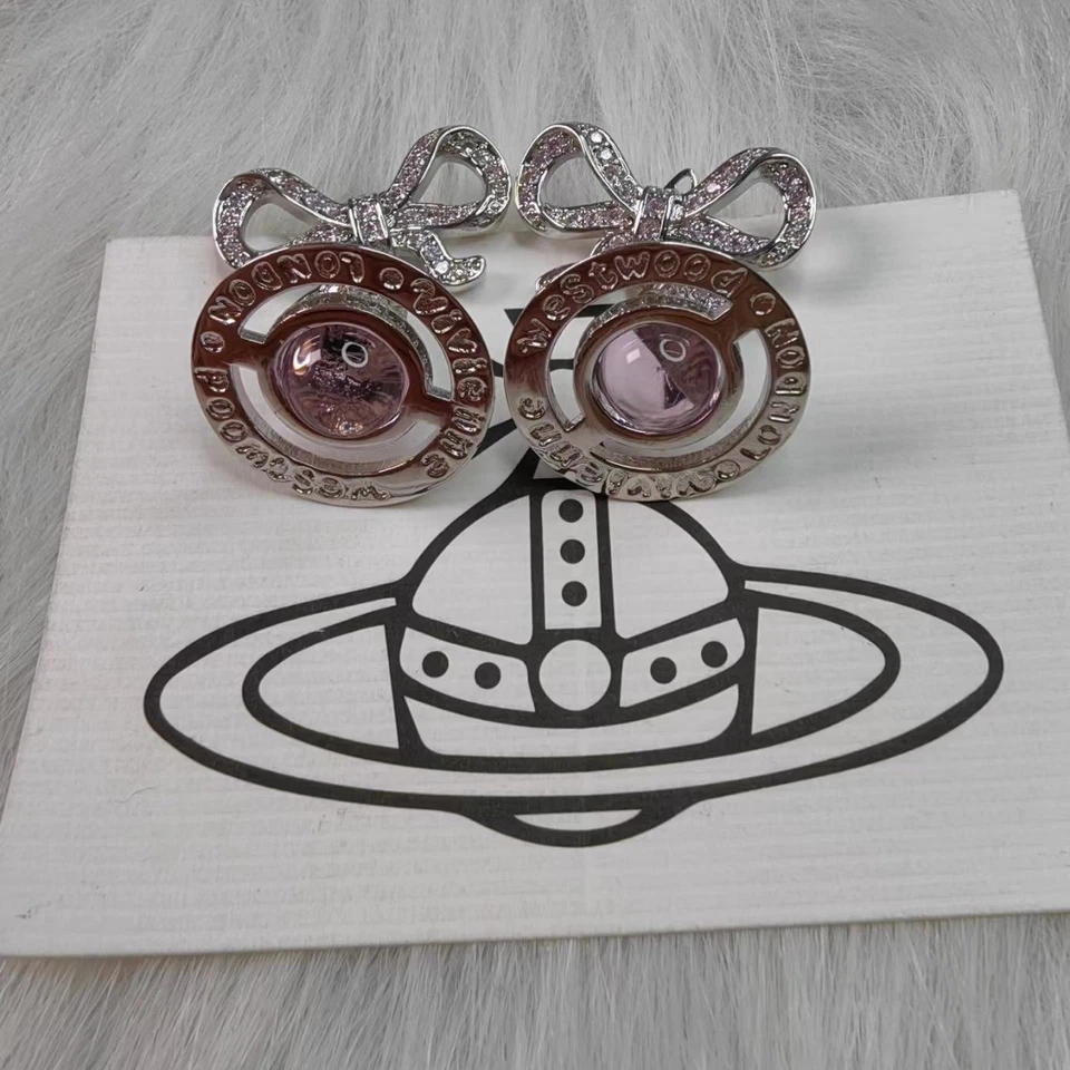 Pre-owned Vivienne Westwood Earrings Silver Pink Orb Bow Ribbon Dangle Drop - Image 2 of 4