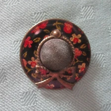 Vintage Black Hat Metal Mesh Decoupage-Like Flowered Brim Pin/Brooch