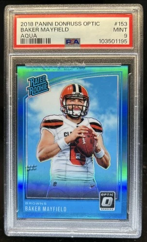 2018 Panini Donruss Optic Baker Mayfield Aqua Prizm RC #/299 Browns PSA 9