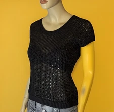 Daisy Fuentes Moda Women's Cap Sleeve Open Knit Black Sequin Blouse Top Size S