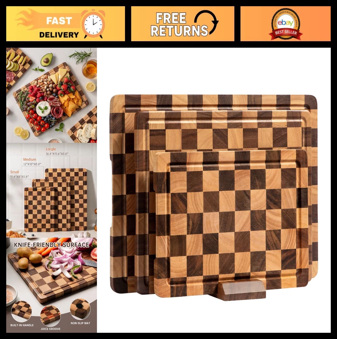 Acacia Wood Cutting Board Set - 3-Piece Checkered Chopping Boards with Juice Gro