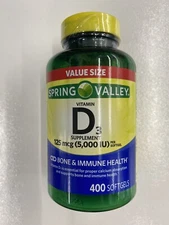 Spring Valley Vitamin D3 Softgels 125 Mcg 5000 IU 400 Count~Expires 08/2027.