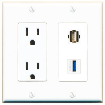 RiteAV Power Outlet and USB-3 USB2 Wall Plate Decorative [White]