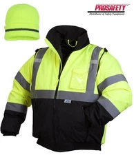 HIGH VISIBILITY WATERPROOF INSULATED REFLECTIVE ROAD WORK BOMBER JACKET & HAT