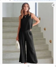 Anrabess Womens Chic Back Button Black Sleeveless Top & Wide-Leg Pants Set Large