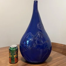 Hilltop Artists Tacoma, WA Blue Glass Teardrop Vase Sculpture - Wolf, Mountains
