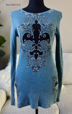 New VOCAL Womens Juniors CRYSTAL BLUE MINERAL DYED FLEUR DE LIS SHIRT S M L XL