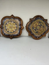 Pair 2 Vintage Italy Blue Green Tile Hot Pot Holder Trivet Wall Decor Pottery 6”