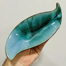 60's MCM Vintage Blue Accent Ceramic Leaf Dish Made in Canada ICC 8” Long