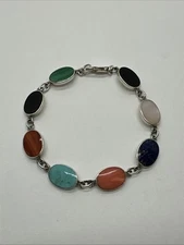 Vintage BOMA Sterling Silver w/ Mixed Stone Inlay 8 Panel Chain Bracelet size 7