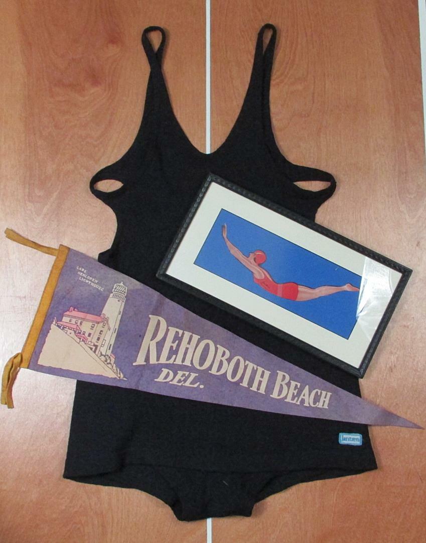 Vintage Jantzen Antique Wool Swimsuit w/Orig.Decal Framed Rehoboth