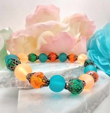 Handcrafted Sea Glass Bracelet, Ladies Stretch Bracelet, Beaded, ORANGE TEAL