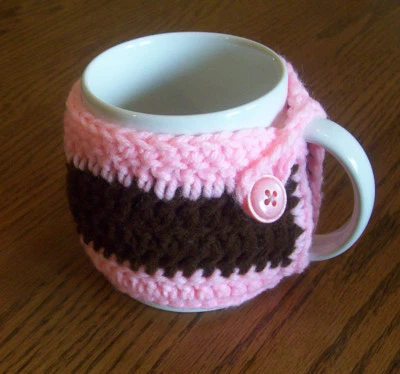 Hand Crochet Pink & Brown Buttoned Coffee Mug Cozy - Image 1 of 2