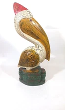 Pelican Standing Hand Carved Wood Figurine Sculpture Nautical Cottage Decor