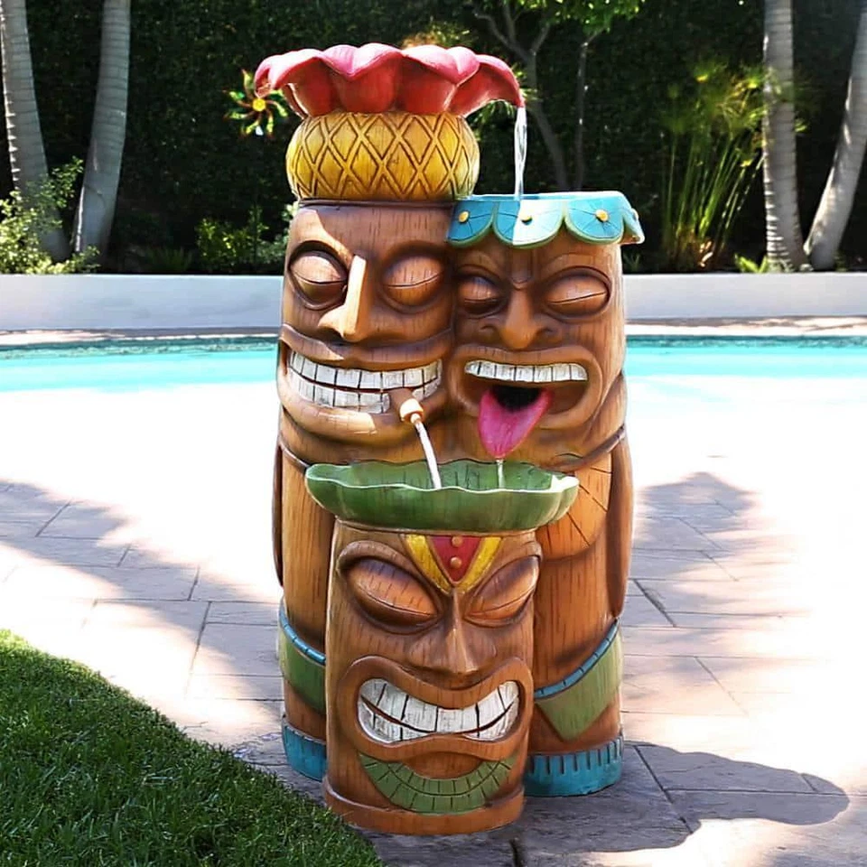 Alpine Corporation Tiki Head Waterfall Fountain Polyresin LED Lights 3-Tier - Image 2 of 4