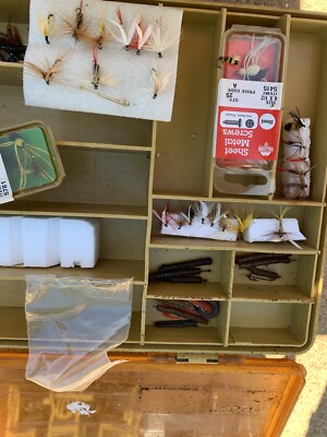 Lot Unbranded Fly Fishing Flies/Lures Box Pieces Hooks Sinkers Silva Compass Vtg