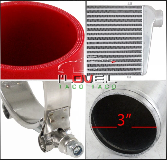 3" In/Outlet Intercooler + 12Pc Aluminum Pipe Piping Kit + Red Coupler +Clamps Foto 3 de 3