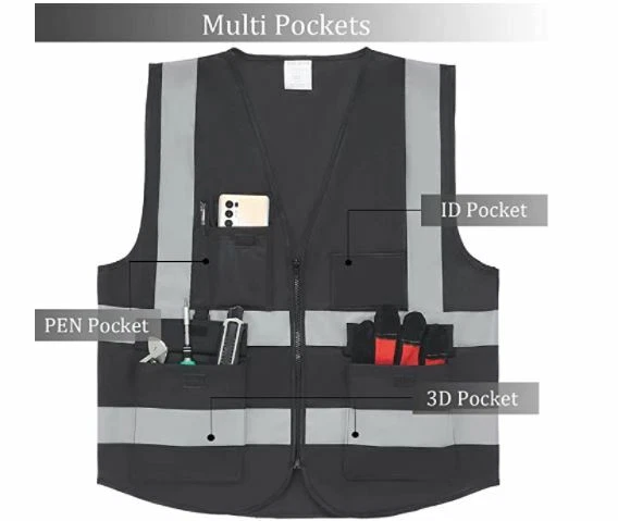 Security Black Safety Vest High Visibility  Reflective 2" Strips w/pockets ANSI - Image 3 of 4