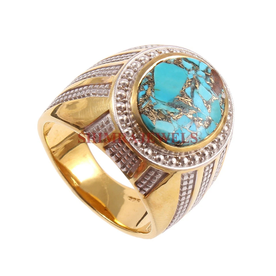 Lab Created Copper Turquoise With 18K Gold Plated Silver Ring For Men's #51 - Image 3 of 3