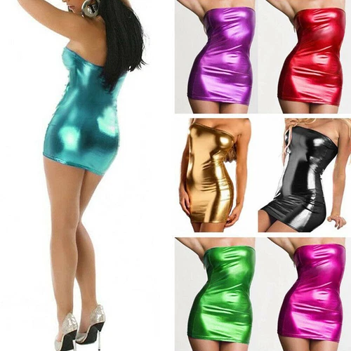 Women Metallic Shiny Faux Leather Strapless Dress Wet-Look Boob Tube Bandeau