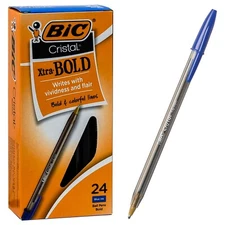Bic Cristal 1.6mm MSBP24 18575 Blue Ink Xtra BOLD Ball Pen, Box of 24