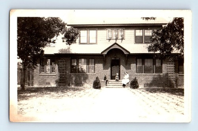 #ad Old Vintage Photo WOMAN AND CHILDREN SITTING OUTSIDE BRICK HOUSE SNAPSHOT $1.70