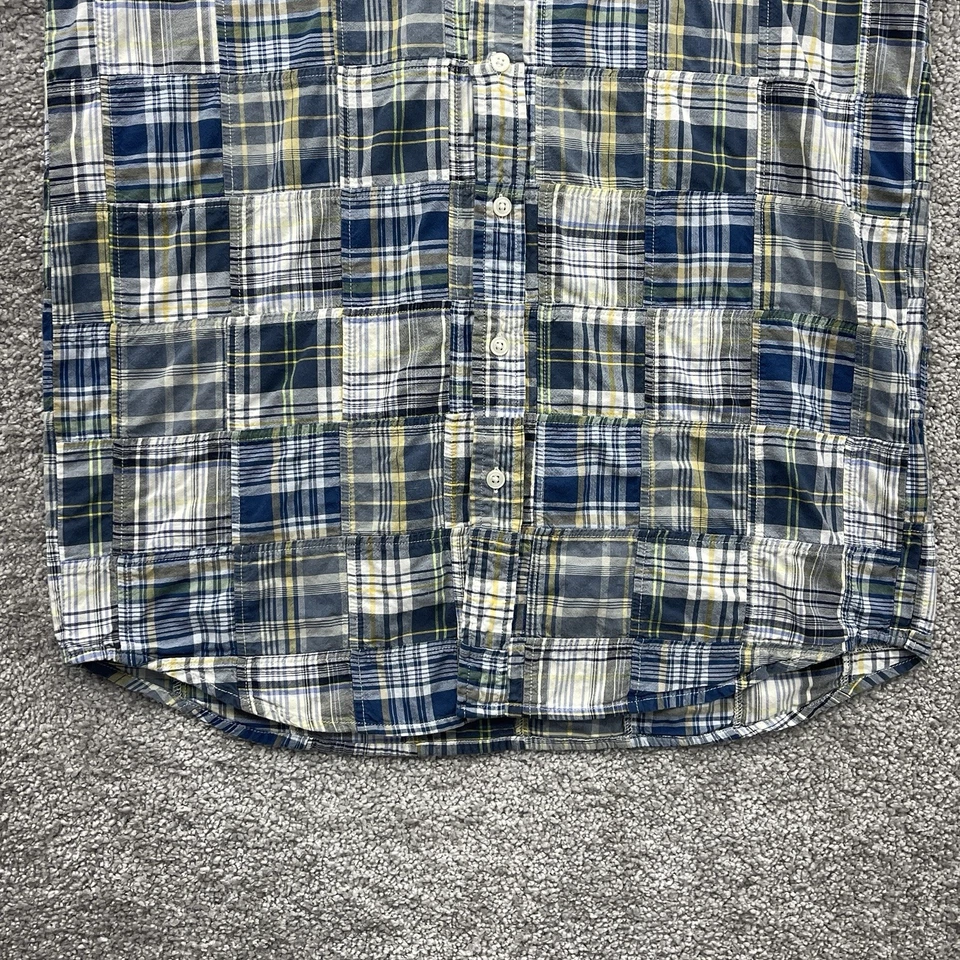 LL Bean Shirt Mens Medium Tall MT Blue Patchwork Plaid Madras Short Sleeve - Image 2 of 4
